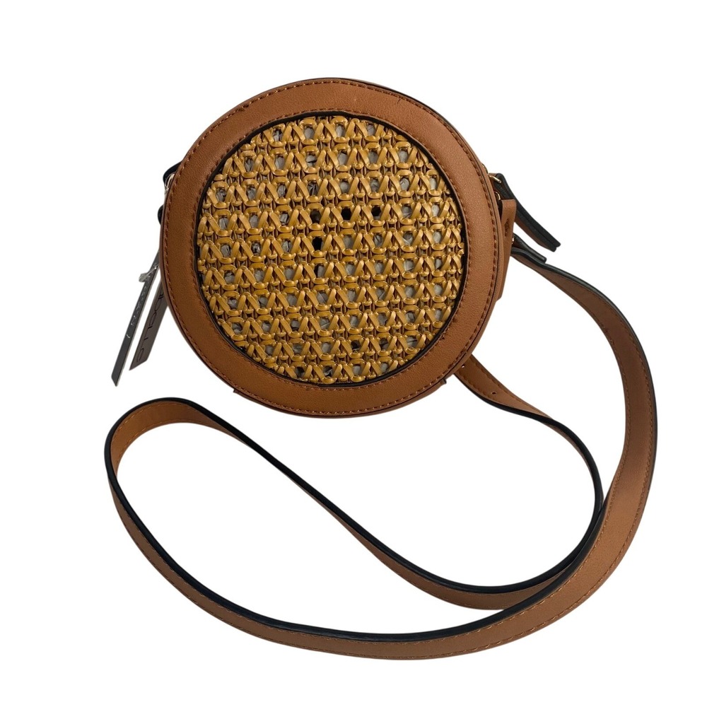 Isabelle Round Straw Crossbody‎ Bag Small Tan Woven Vegan Leather Boho Chic